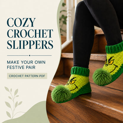 Green Christmas Slippers Crochet Pattern PDF | Cozy Holiday Socks