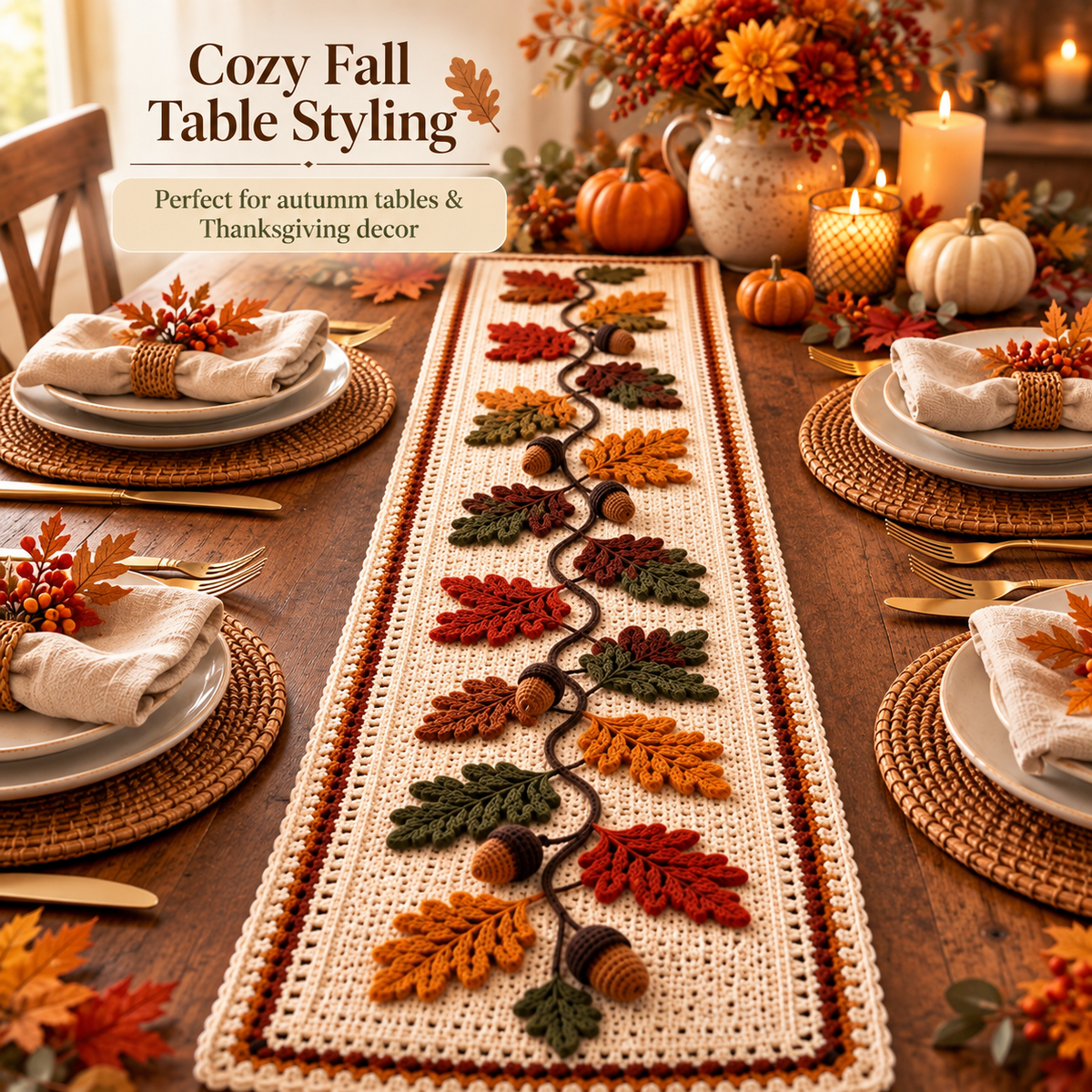 Autumn Oak Leaf Table Runner Crochet Pattern PDF – Fall Leaves & Acorn Table Decor