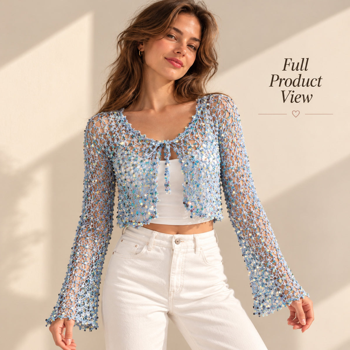 Crochet Mesh Tie-Front Cardigan Pattern PDF – Bell Sleeve Top