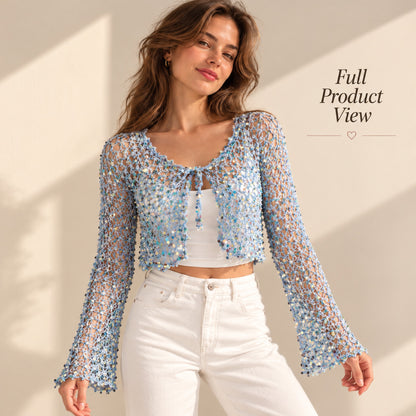 Crochet Mesh Tie-Front Cardigan Pattern PDF – Bell Sleeve Top