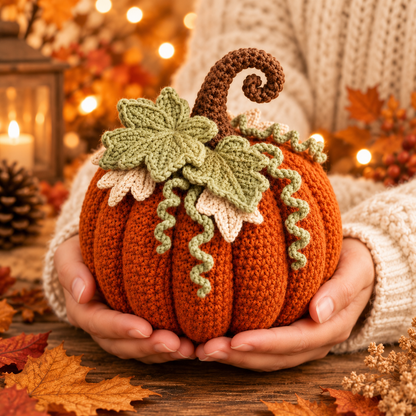Cozy Crochet Pumpkin Pattern PDF – Fall Pumpkin Decor with Leaves & Curly Vines