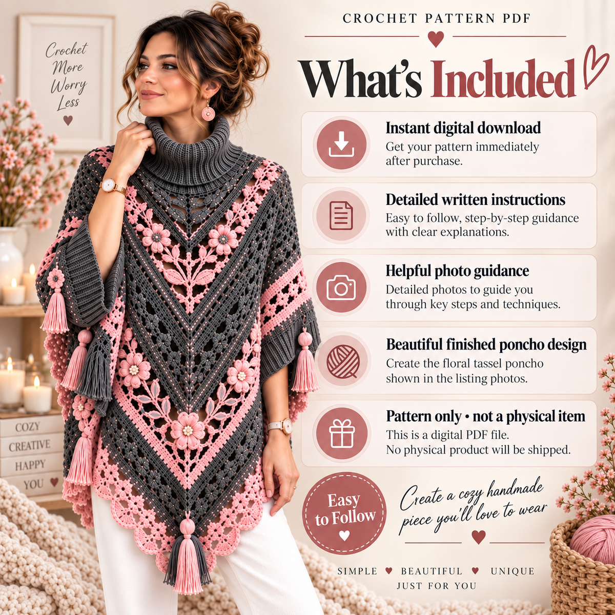 Floral Tassel Poncho Crochet Pattern PDF – Turtleneck Lace Poncho