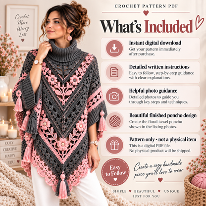 Floral Tassel Poncho Crochet Pattern PDF – Turtleneck Lace Poncho