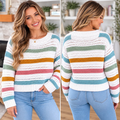Pastel Striped Crochet Sweater Pattern PDF – Colorful Pullover