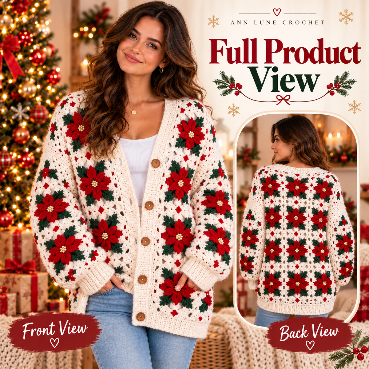 Christmas Poinsettia Cardigan Crochet Pattern – Floral Granny Square Cardigan PDF