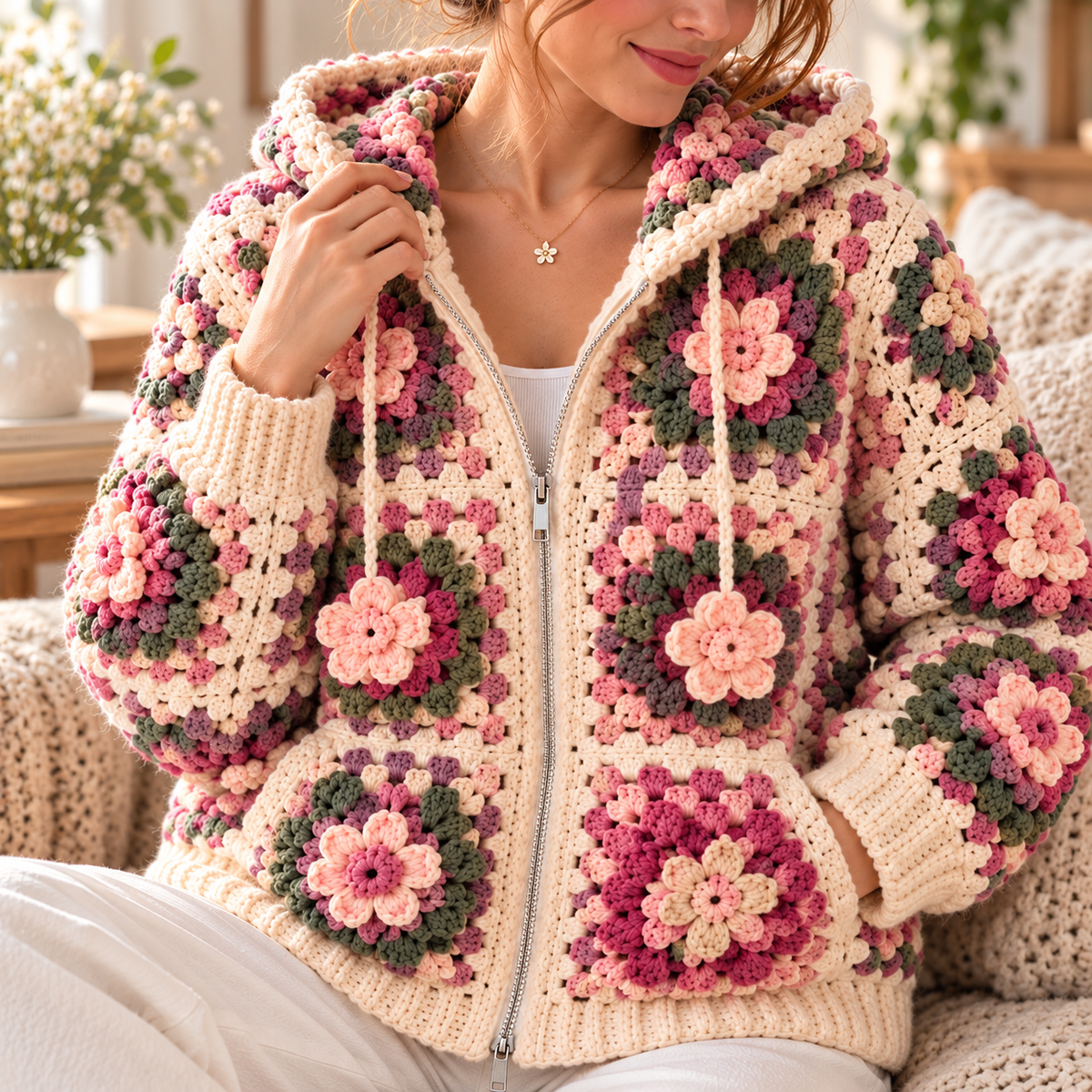 Floral Granny Square Zip Hoodie Crochet Pattern PDF | Flower Crochet Cardigan with Hood