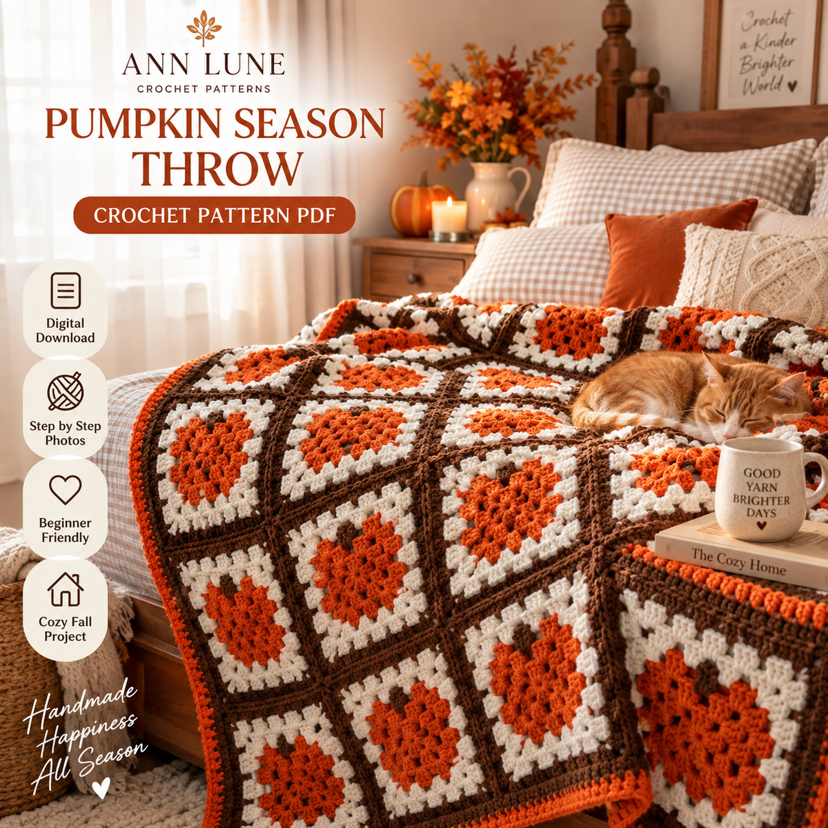Pumpkin Season Throw Crochet Pattern PDF – Fall Pumpkin Granny Square Blanket Pattern