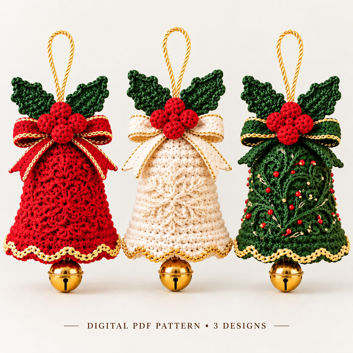 Christmas Bell Ornament Crochet Pattern Bundle – 3 Designs PDF