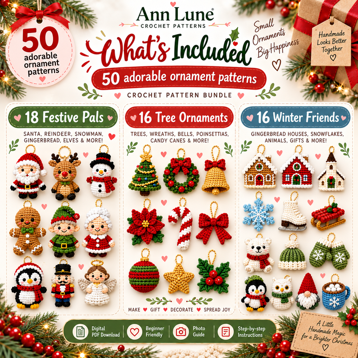 50 Christmas Crochet Ornament Patterns Bundle PDF – Mini Holiday Amigurumi Decorations