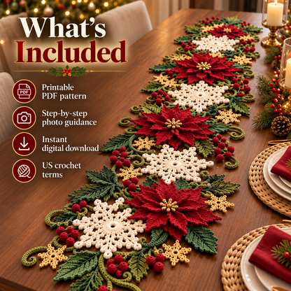 Christmas Poinsettia Table Runner Crochet Pattern PDF