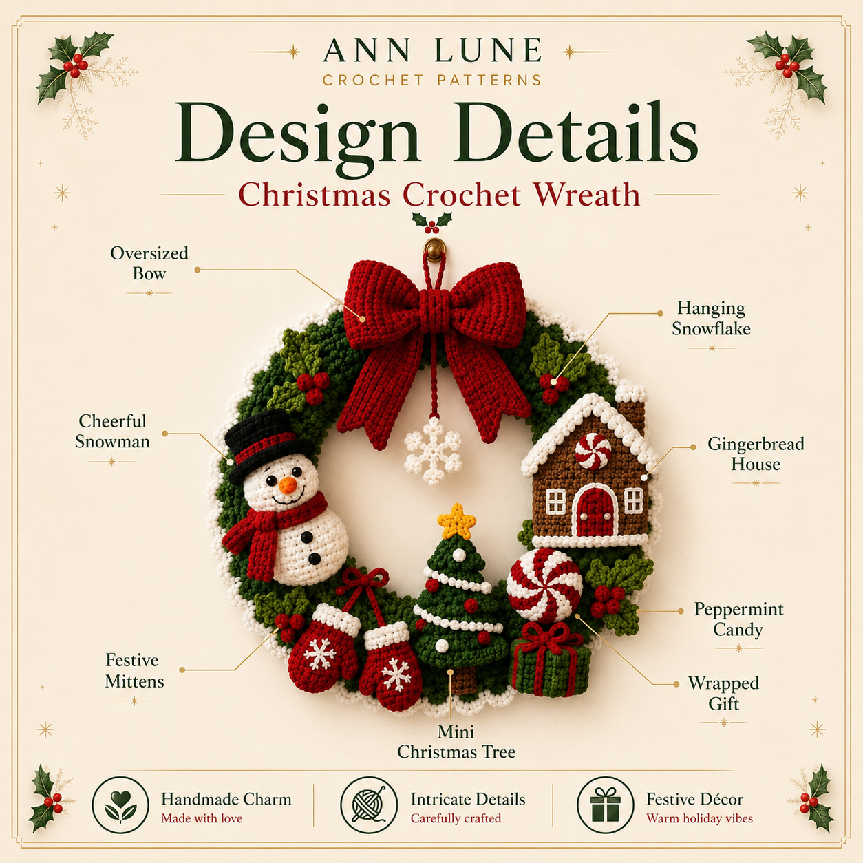 Christmas Crochet Wreath Pattern PDF – Snowman, Gingerbread House, Tree & Holiday Door Decor