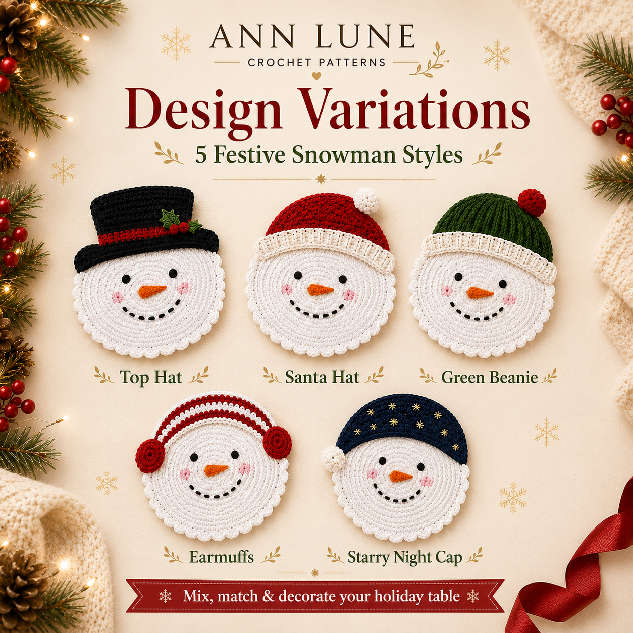 Snowman Coaster Set Crochet Pattern PDF – 5 Christmas Mug Rug Designs