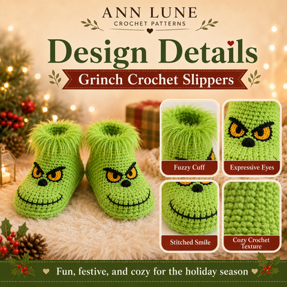 Green Christmas Slippers Crochet Pattern PDF – Cozy Holiday House Slippers