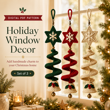 Crochet Christmas Spiral Wind Spinner Pattern PDF, Star Snowflake and Bell Hanging Ornament, Holiday Window Decor, Set of 3