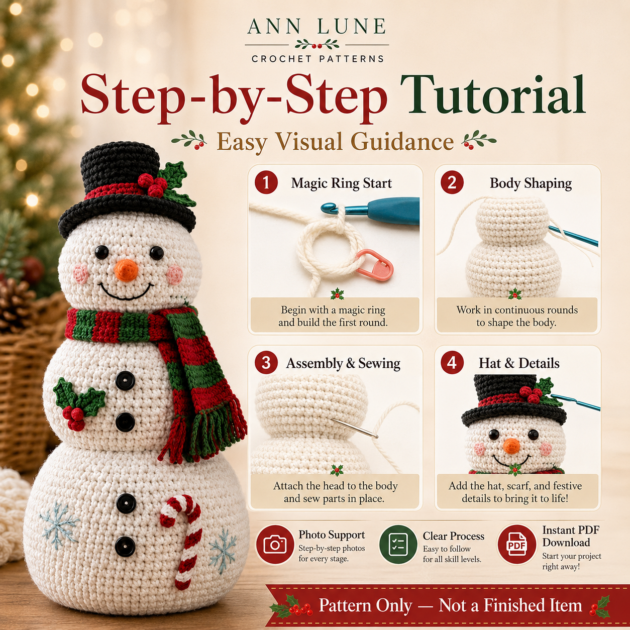 Snowman Crochet Pattern PDF – Christmas Amigurumi Snowman, Holiday Decor & Handmade Gift