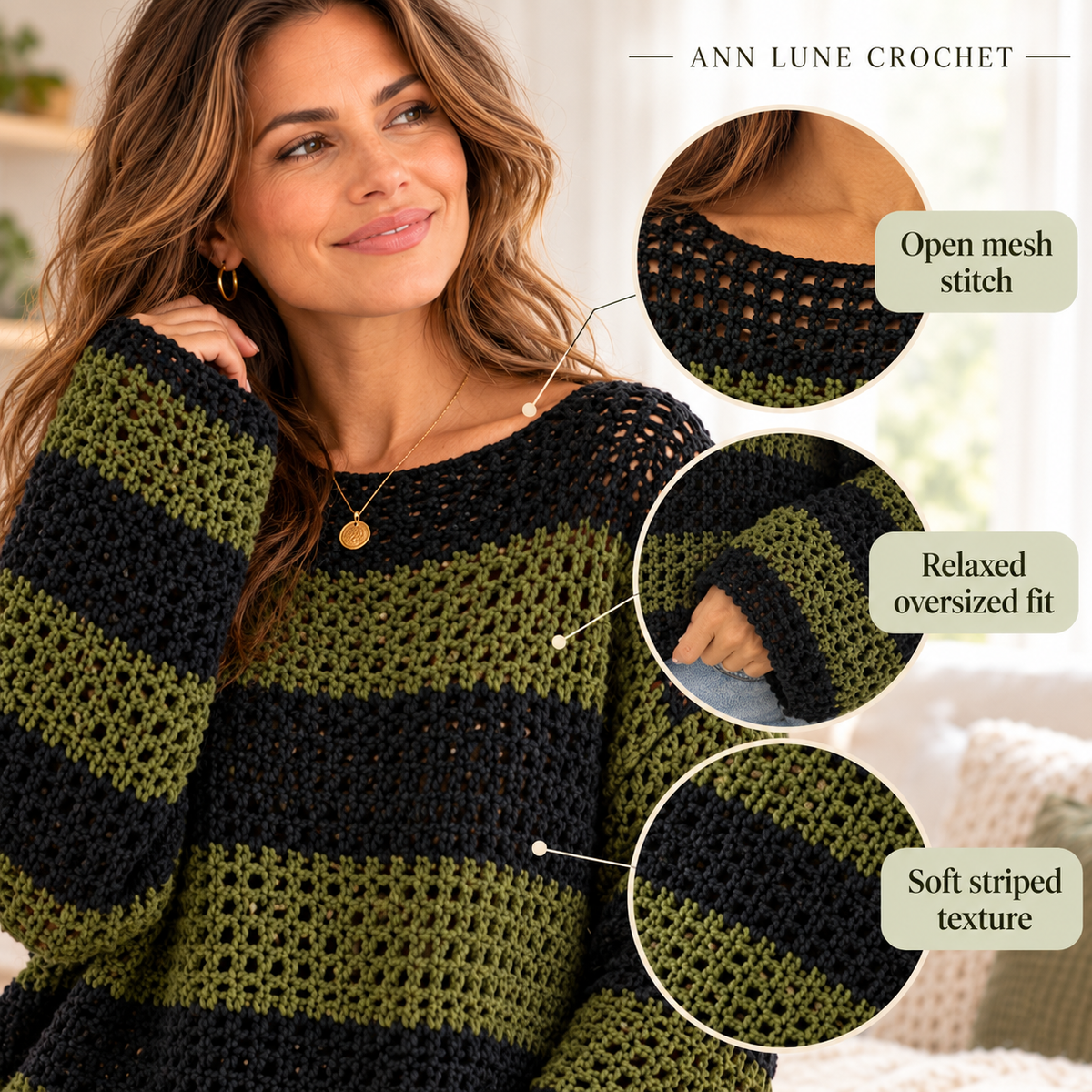 Oversized Crochet Sweater Pattern PDF | Striped Mesh Pullover