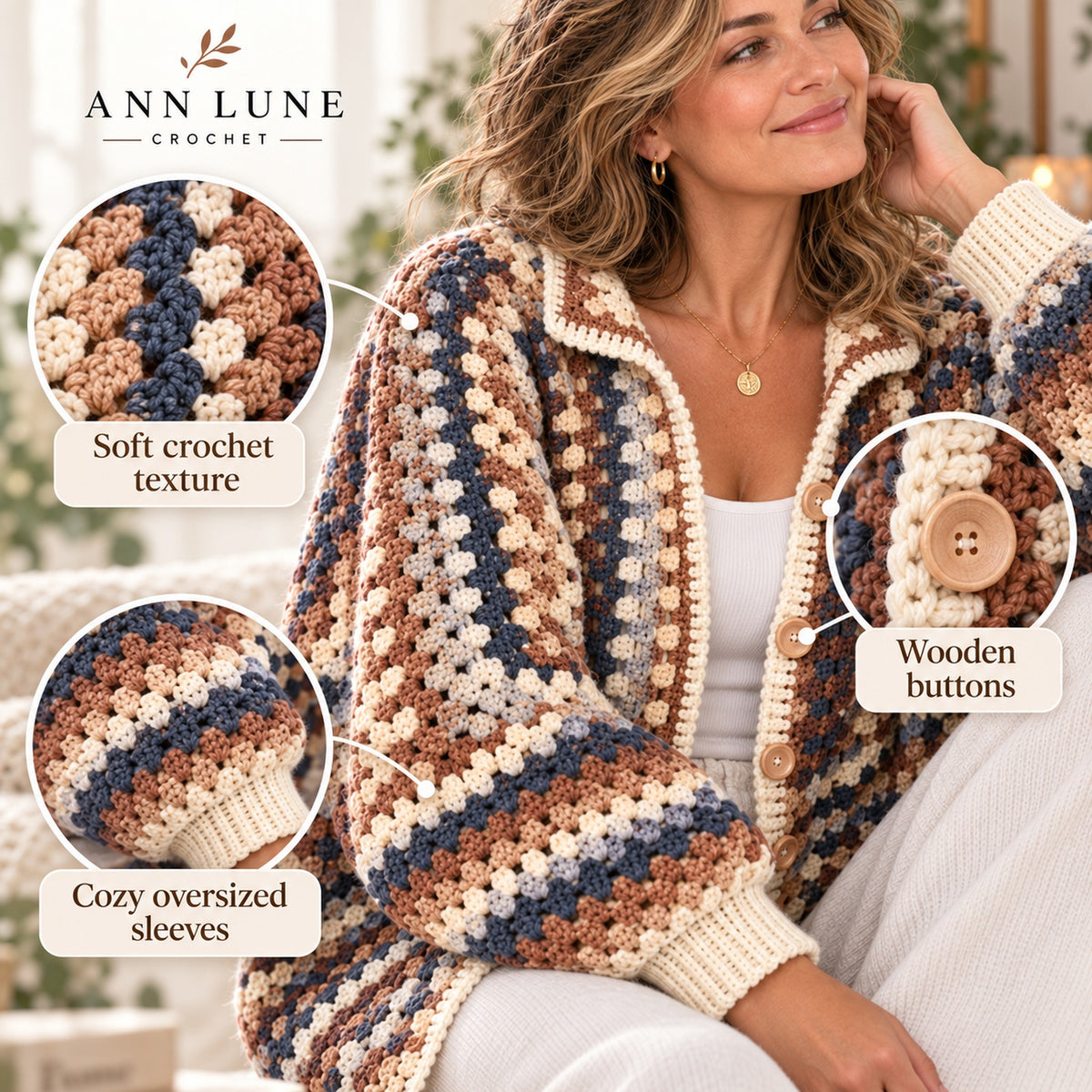 Oversized Square Cardigan Crochet Pattern PDF – Cozy Button Cardigan