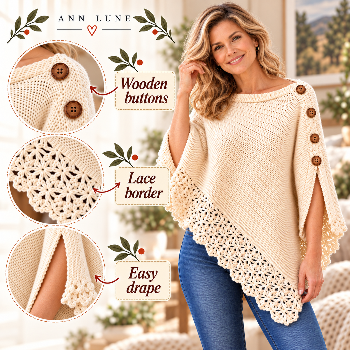Uptown Poncho Crochet Pattern PDF – Lace Trim Button Poncho