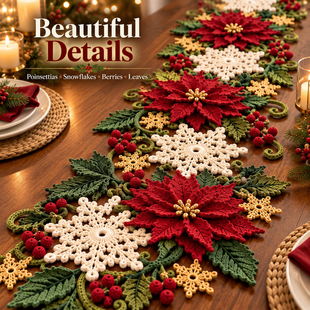 Christmas Poinsettia Table Runner Crochet Pattern PDF
