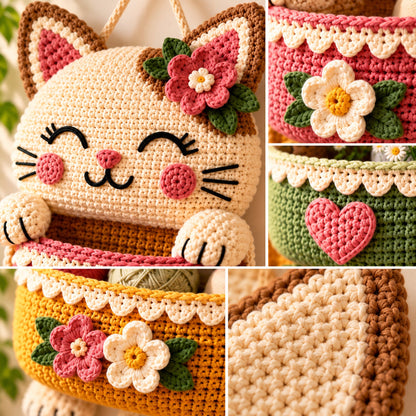 Cat Wall Organizer Crochet Pattern PDF – 3-Pocket Hanging Storage