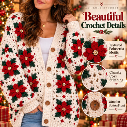 Christmas Poinsettia Cardigan Crochet Pattern – Floral Granny Square Cardigan PDF