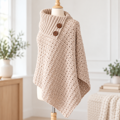 Cozy Buttoned Poncho Crochet Pattern PDF – Cowl Neck Crochet Wrap Pattern