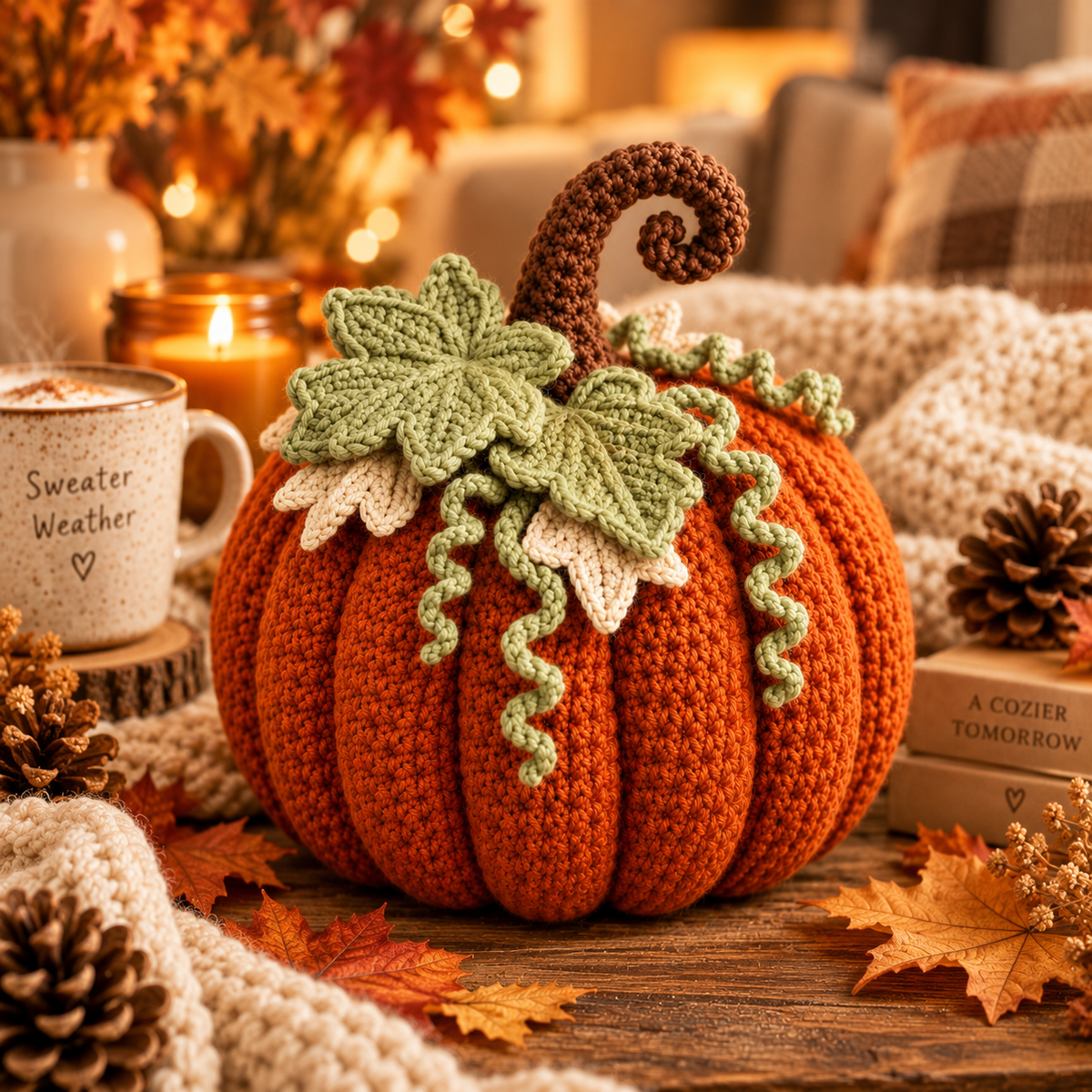 Cozy Crochet Pumpkin Pattern PDF – Fall Pumpkin Decor with Leaves & Curly Vines