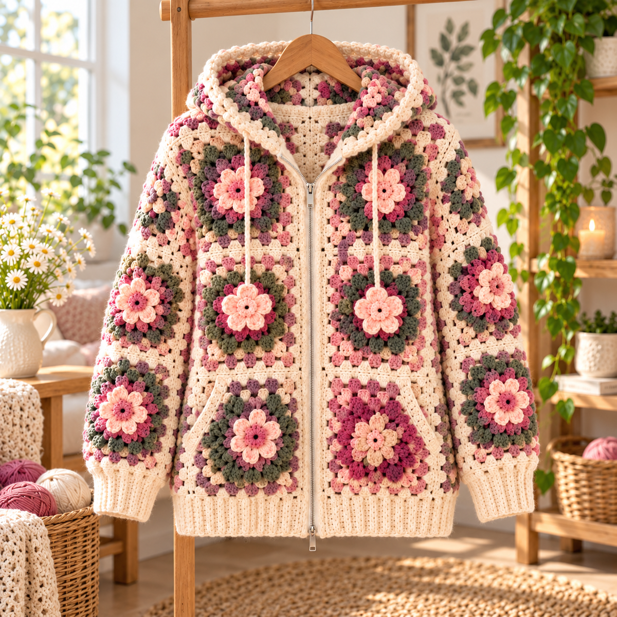 Floral Granny Square Zip Hoodie Crochet Pattern PDF | Flower Crochet Cardigan with Hood