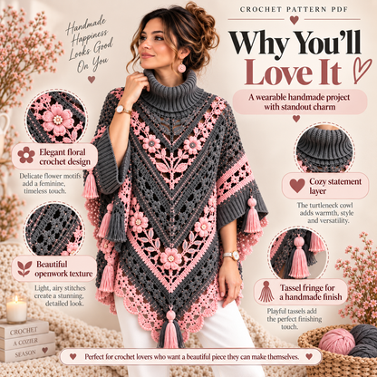 Floral Tassel Poncho Crochet Pattern PDF – Turtleneck Lace Poncho