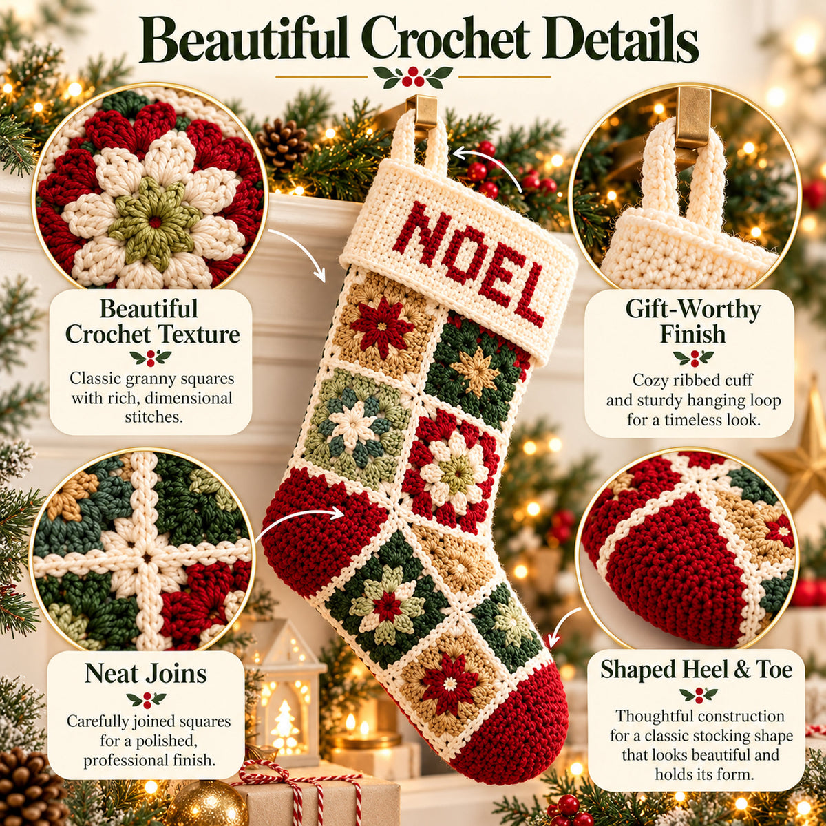 Patchwork Granny Square Christmas Stocking Crochet Pattern PDF – 3 Sizes