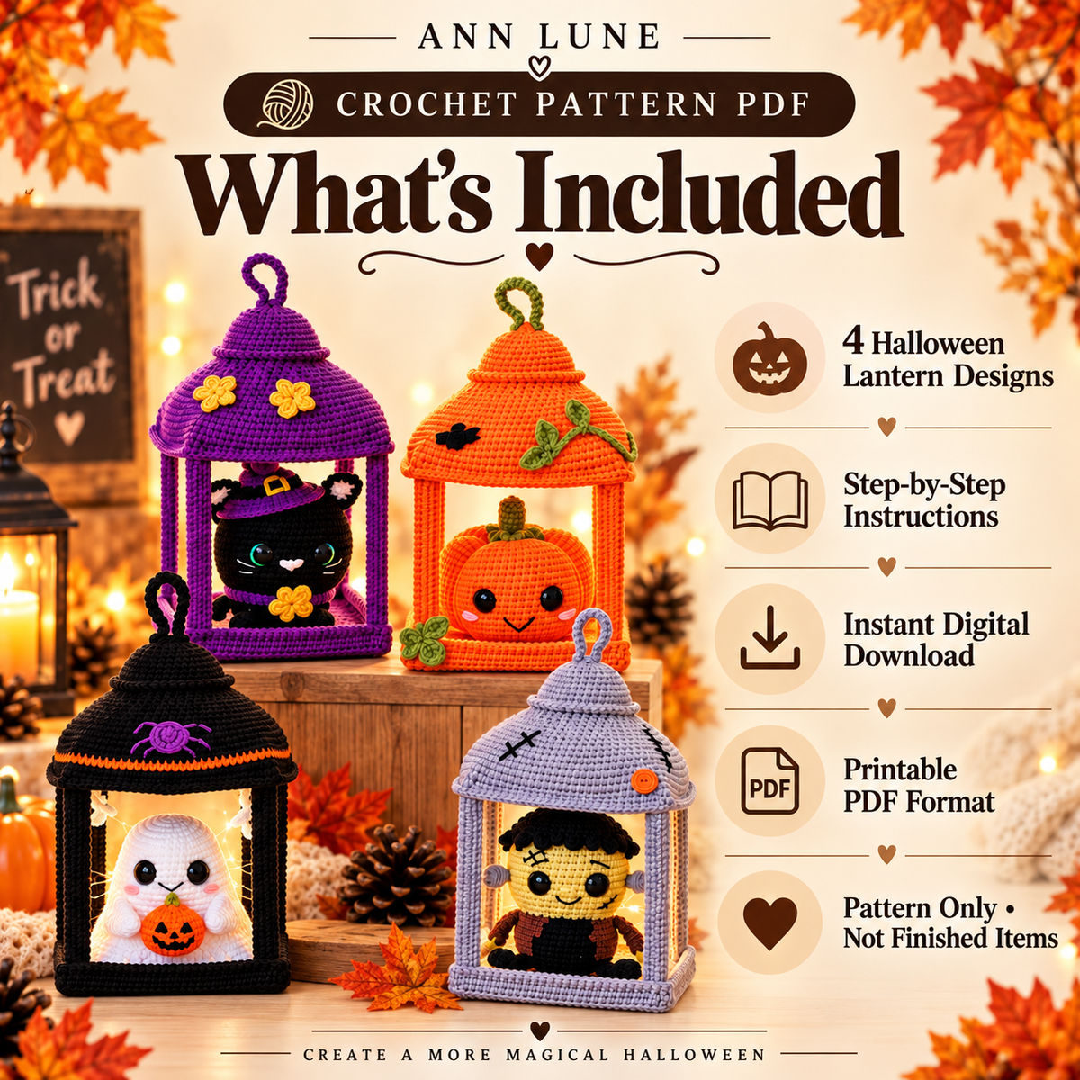 Halloween Crochet Lantern Pattern Bundle PDF – 4 Spooky Amigurumi Designs