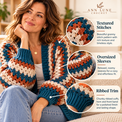 Hexagon Cardigan Crochet Pattern PDF – Oversized Granny Stitch Cardigan XS–5XL