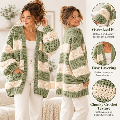 Oversized Chunky Cardigan Crochet Pattern PDF – Striped Cozy Cardigan