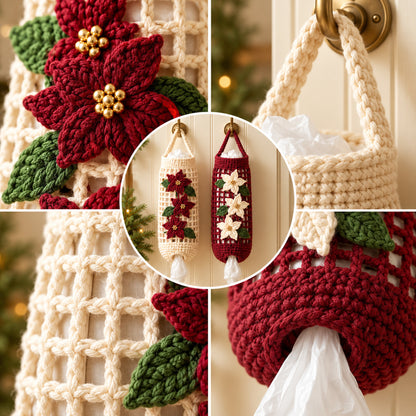 Poinsettia Crochet Bag Holder Pattern PDF – Christmas Kitchen Organizer