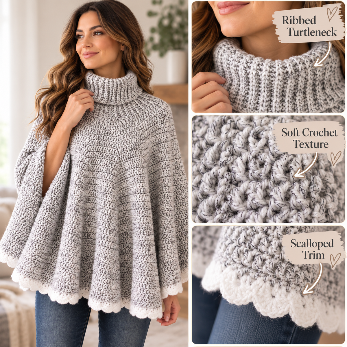 Crochet Turtleneck Poncho Pattern PDF – Cozy Women’s Crochet Cape Pattern