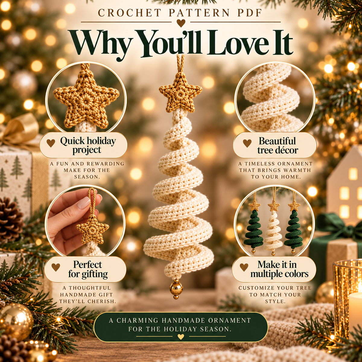 Spiral Christmas Tree Ornament Crochet Pattern PDF – Easy Christmas Ornament