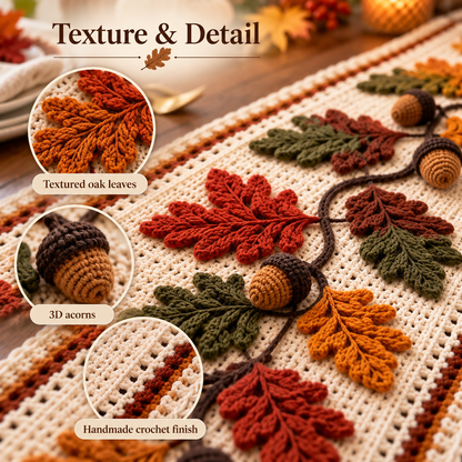 Autumn Oak Leaf Table Runner Crochet Pattern PDF – Fall Leaves & Acorn Table Decor