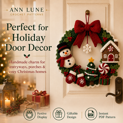 Christmas Crochet Wreath Pattern PDF – Snowman, Gingerbread House, Tree & Holiday Door Decor
