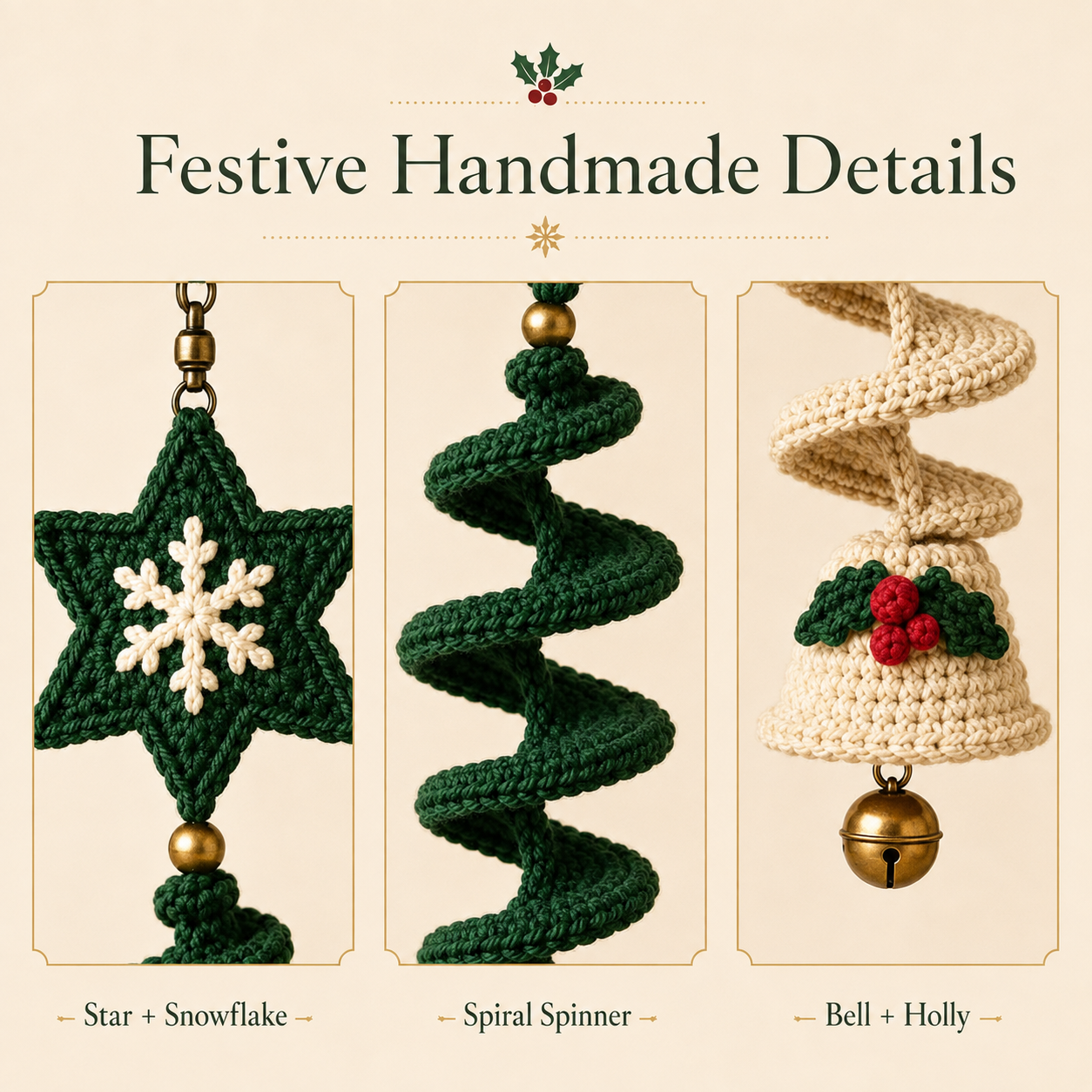Crochet Christmas Spiral Wind Spinner Pattern PDF, Star Snowflake and Bell Hanging Ornament, Holiday Window Decor, Set of 3