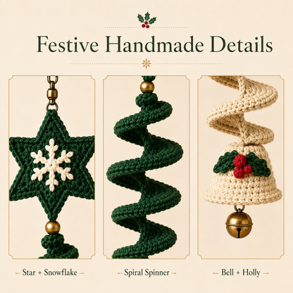 Crochet Christmas Spiral Wind Spinner Pattern PDF, Star Snowflake and Bell Hanging Ornament, Holiday Window Decor, Set of 3