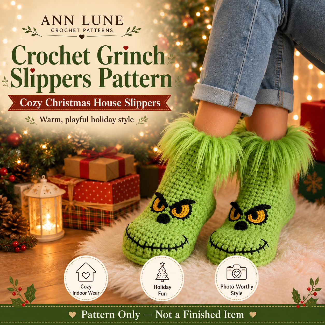 Green Christmas Slippers Crochet Pattern PDF – Cozy Holiday House Slippers