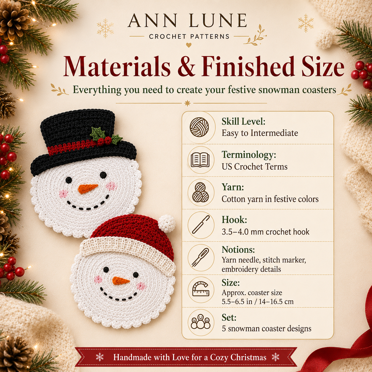 Snowman Coaster Set Crochet Pattern PDF – 5 Christmas Mug Rug Designs