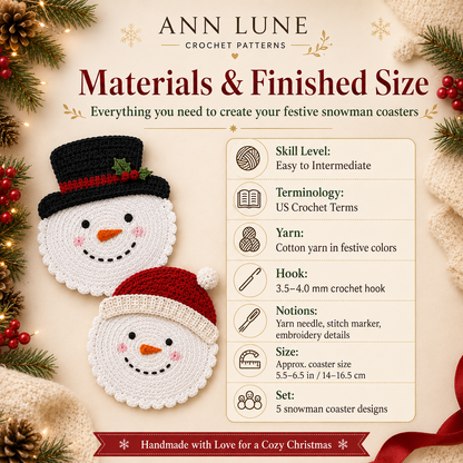 Snowman Coaster Set Crochet Pattern PDF – 5 Christmas Mug Rug Designs