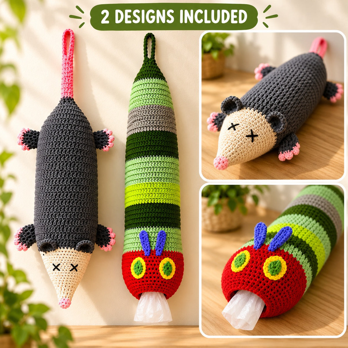 Crochet Bag Holder Pattern Bundle – Opossum & Caterpillar PDF