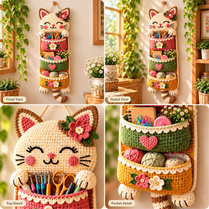 Cat Wall Organizer Crochet Pattern PDF – 3-Pocket Hanging Storage