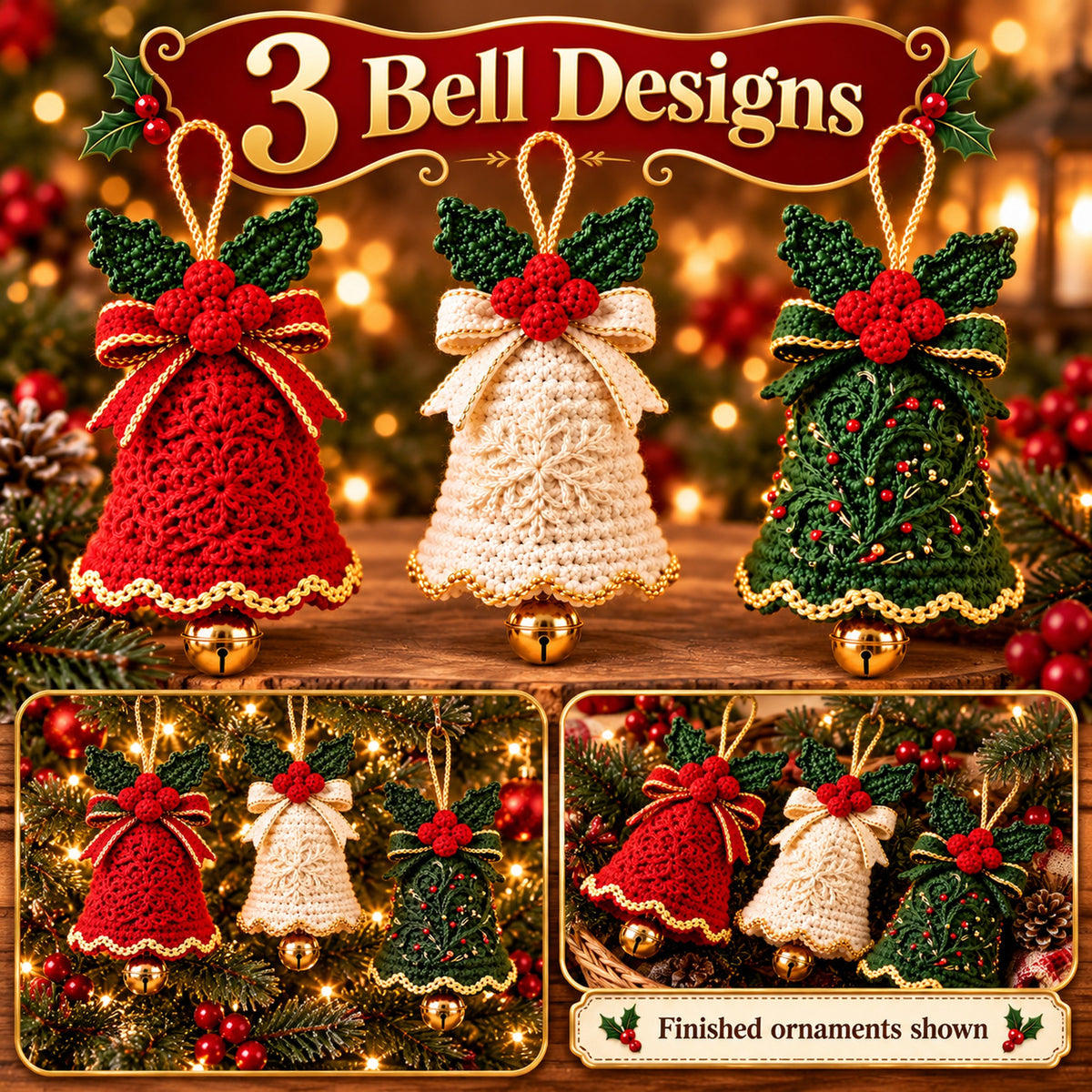 Christmas Bell Ornament Crochet Pattern Bundle – 3 Designs PDF