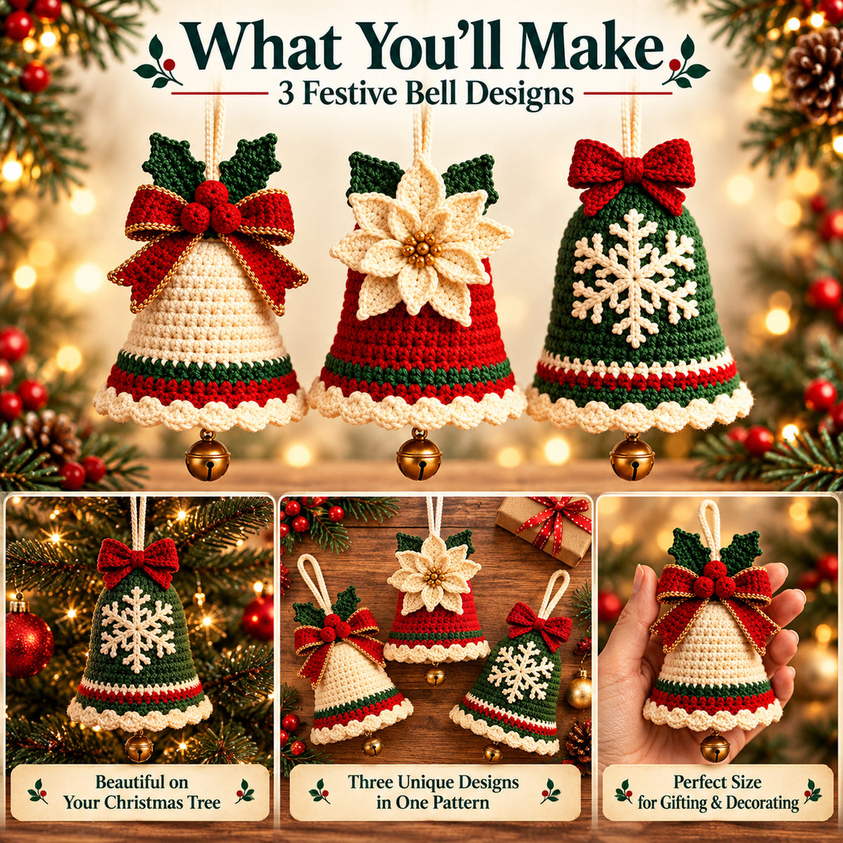 3-in-1 Crochet Christmas Bell Ornament Pattern Bundle – PDF