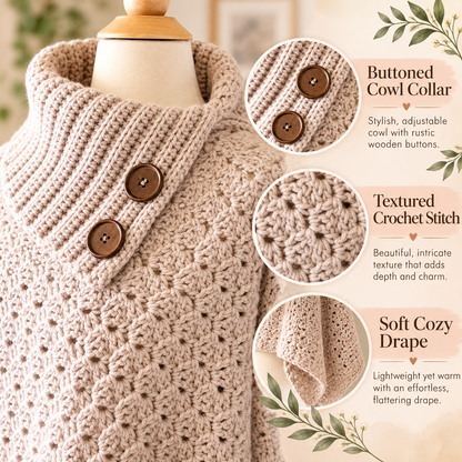 Cozy Buttoned Poncho Crochet Pattern PDF – Cowl Neck Crochet Wrap Pattern