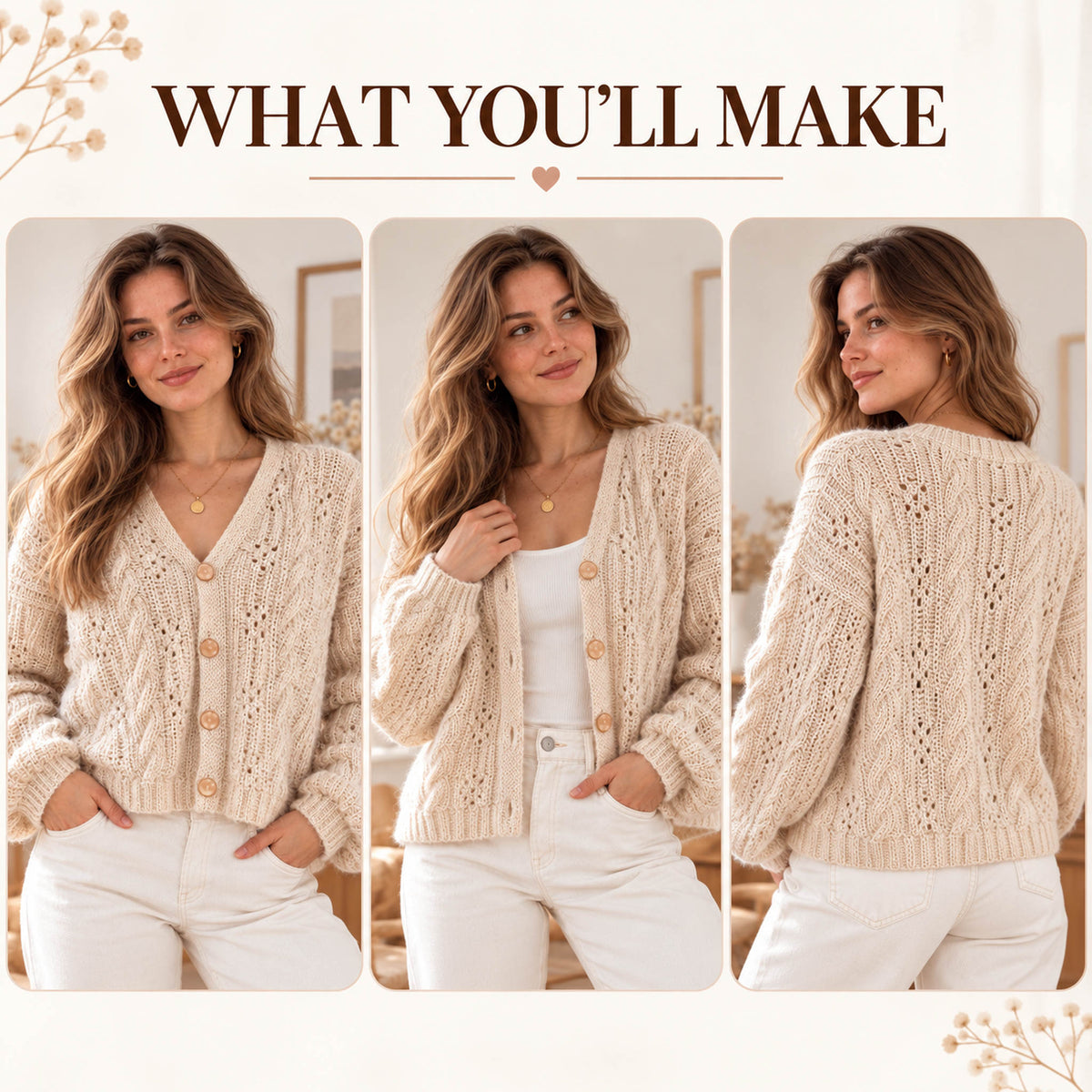 Cream Cable Knit Cardigan Pattern PDF – V-Neck Lace Cardigan