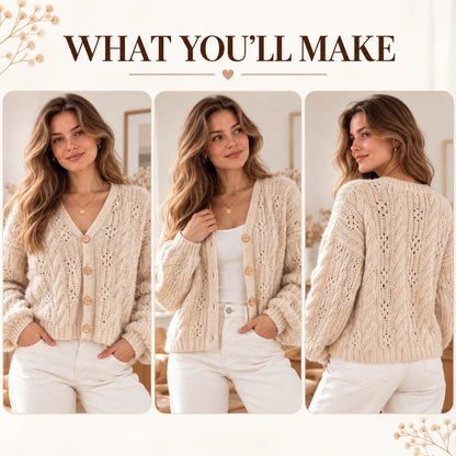 Cream Cable Knit Cardigan Pattern PDF – V-Neck Lace Cardigan